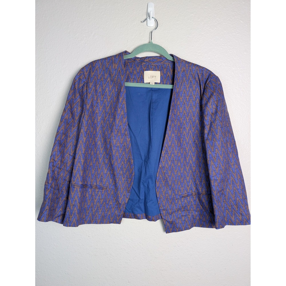 Ann Taylor LOFT Blazer Womens‎ Large Blue Linen Chevron Open Front Lined Jacket